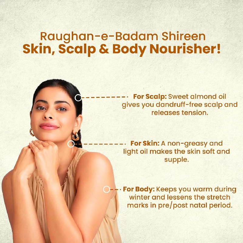 Hamdard Raughan-E-Badam Shireen Sweet Almond Oil for Body and Skin, 100 ml-3.webp